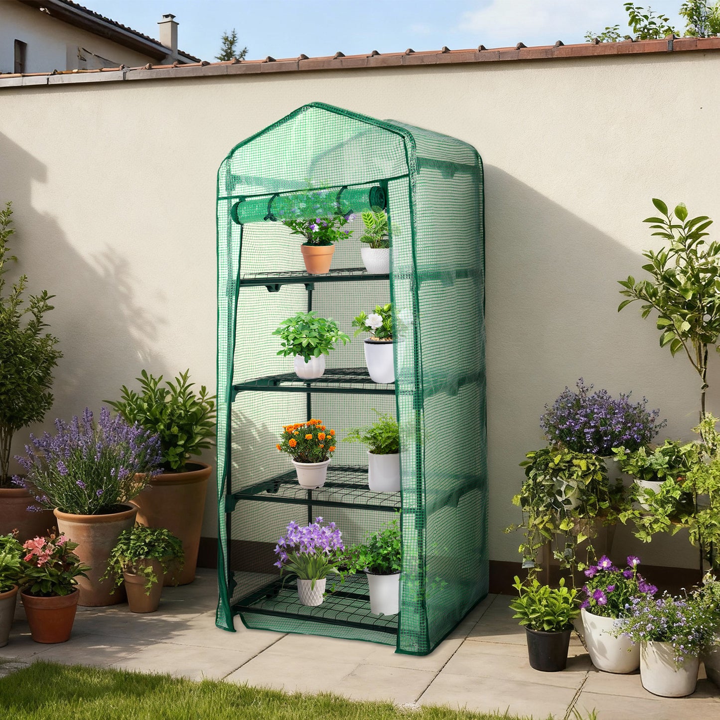 4 Tier Upgrade Greenhouse with Protective PE Base, Green
