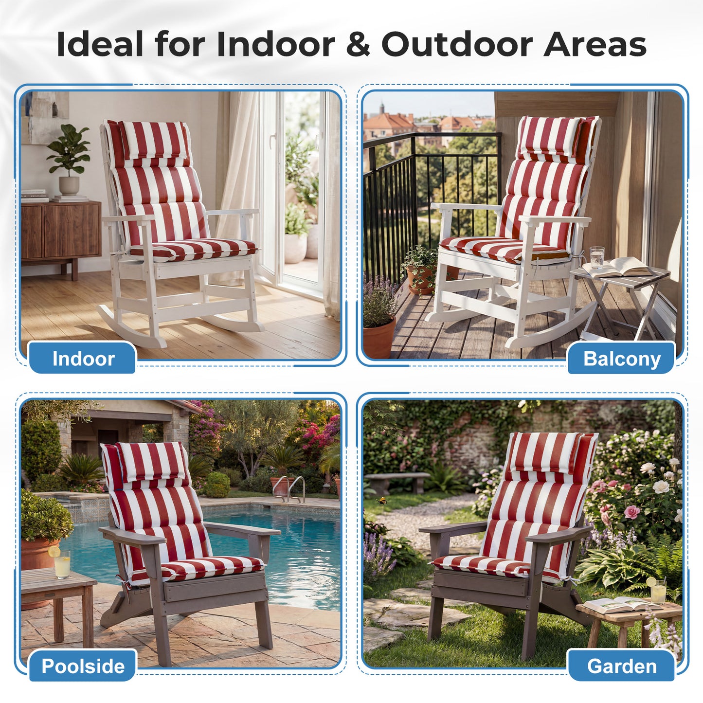47x21x2.4 inch High Back Patio Chair Cushions with Headrest, Red Stripe