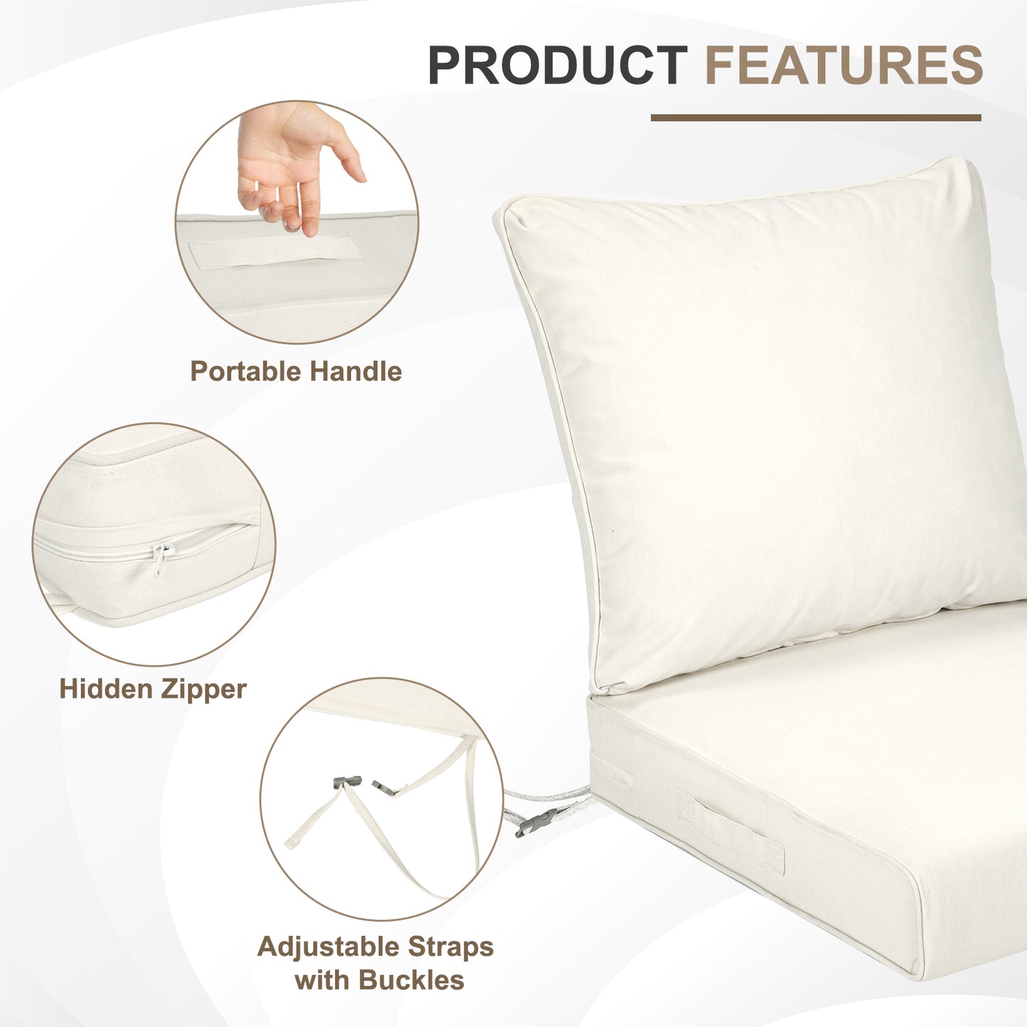 Waterproof Outdoor Deep Seat Cushion Set with Adjustable Straps & Removable Cover - Ivory White Aoodor 
