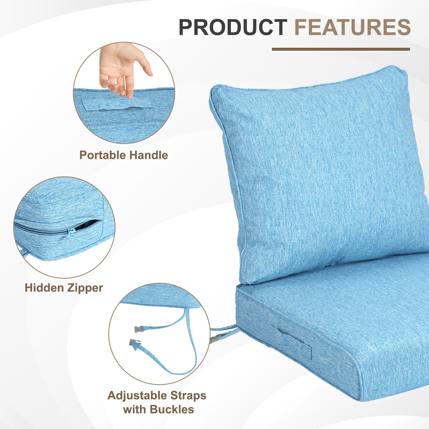 Waterproof Outdoor Deep Seat Cushion Set with Adjustable Straps & Removable Cover - Lake Blue Aoodor 