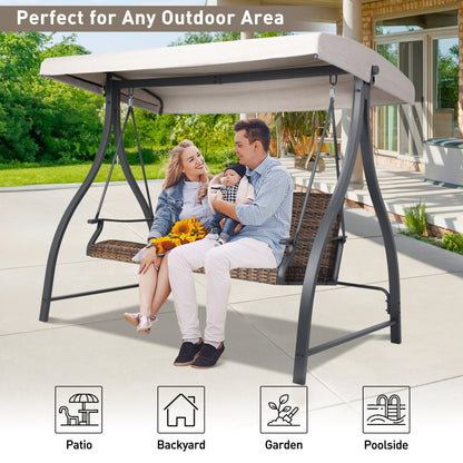 3-Seat Outdoor Rattan Patio Swing with Adjustable Canopy