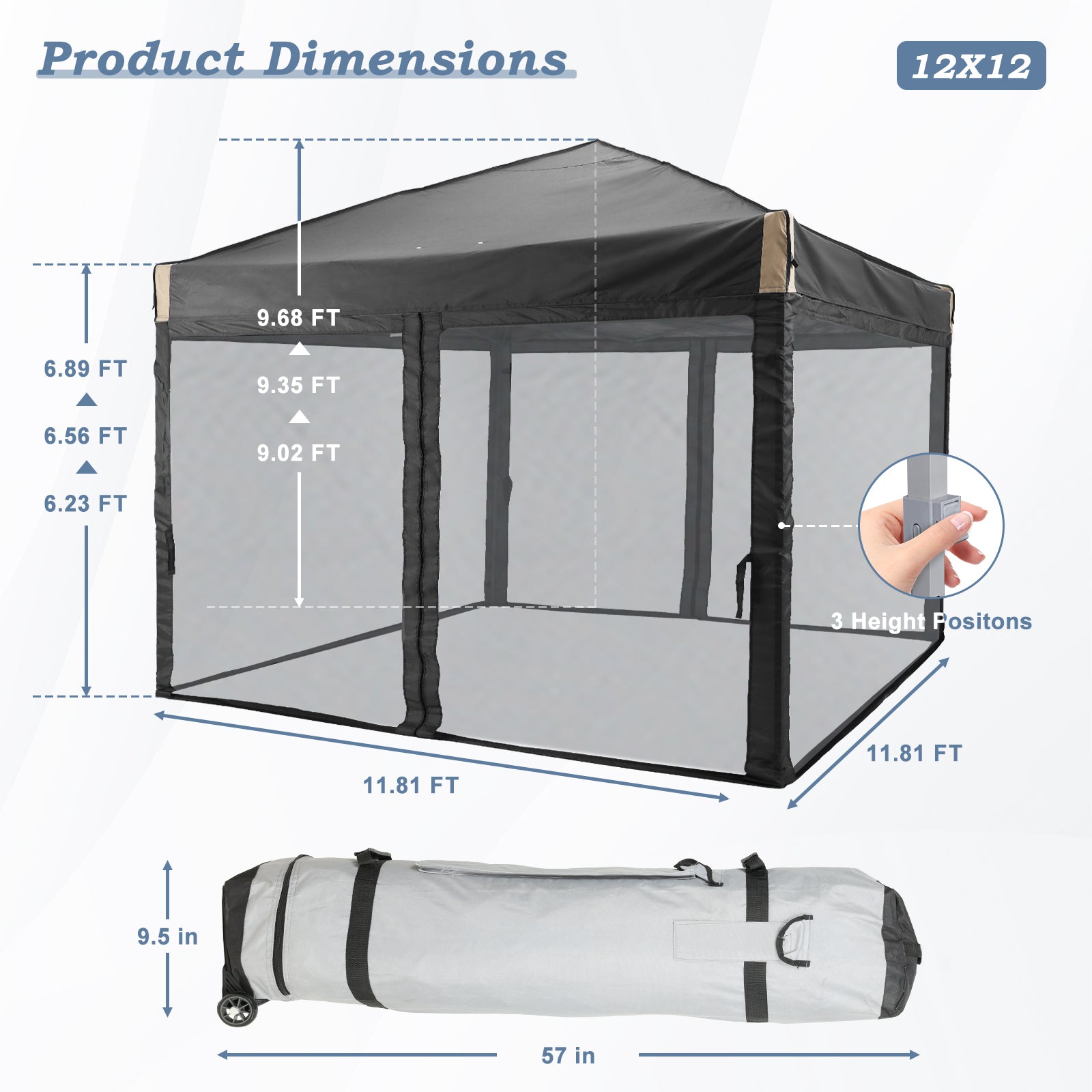Aoodor Pop Up Canopy Tent with Removable Mesh Sidewalls-10x10/12x12ft. Grey / 10x10 ft