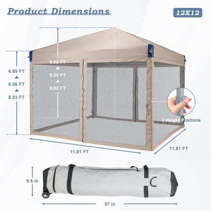 10x10/12x12 ft. Pop Up Canopy Tent with Removable Mesh Sidewalls