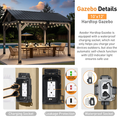 10'x12' Outdoor Patio Wooden Frame Gazebo with Galvanized Metal Hardtop Roof and Outlets