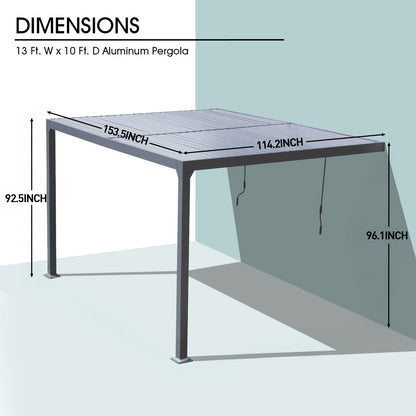 13x10 ft. Outdoor Aluminum Wall Mounted Louvered Pergola, Sun Shade Shelter with 2 Adjustable Panels  - Dark Gray/White