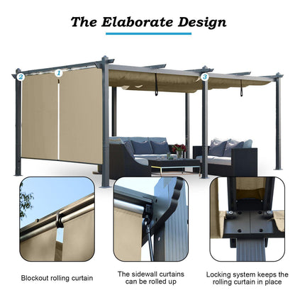 12 x 20 FT Outdoor Pergola with Retractable Shade Canopy, Aluminum Frame, Roller Shade Curtain- khaki/Charcoal Gray  Aoodor    