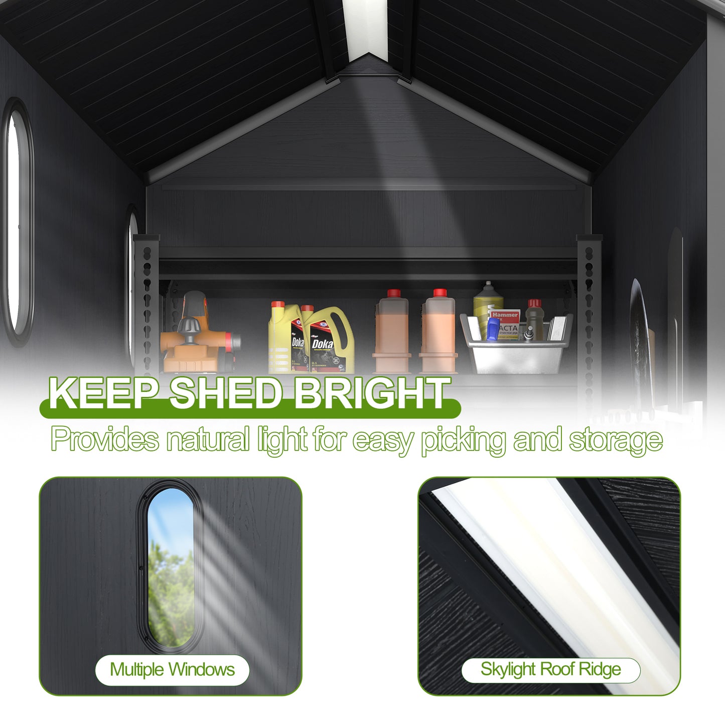 Outdoor Resin Storage Shed with Windows, Mesh Vents and Lockable Door