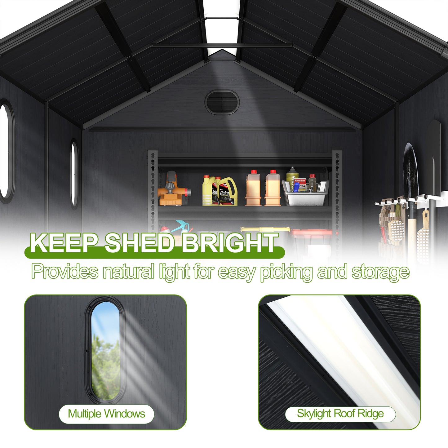 Outdoor Resin Storage Shed with Windows, Mesh Vents and Lockable Door