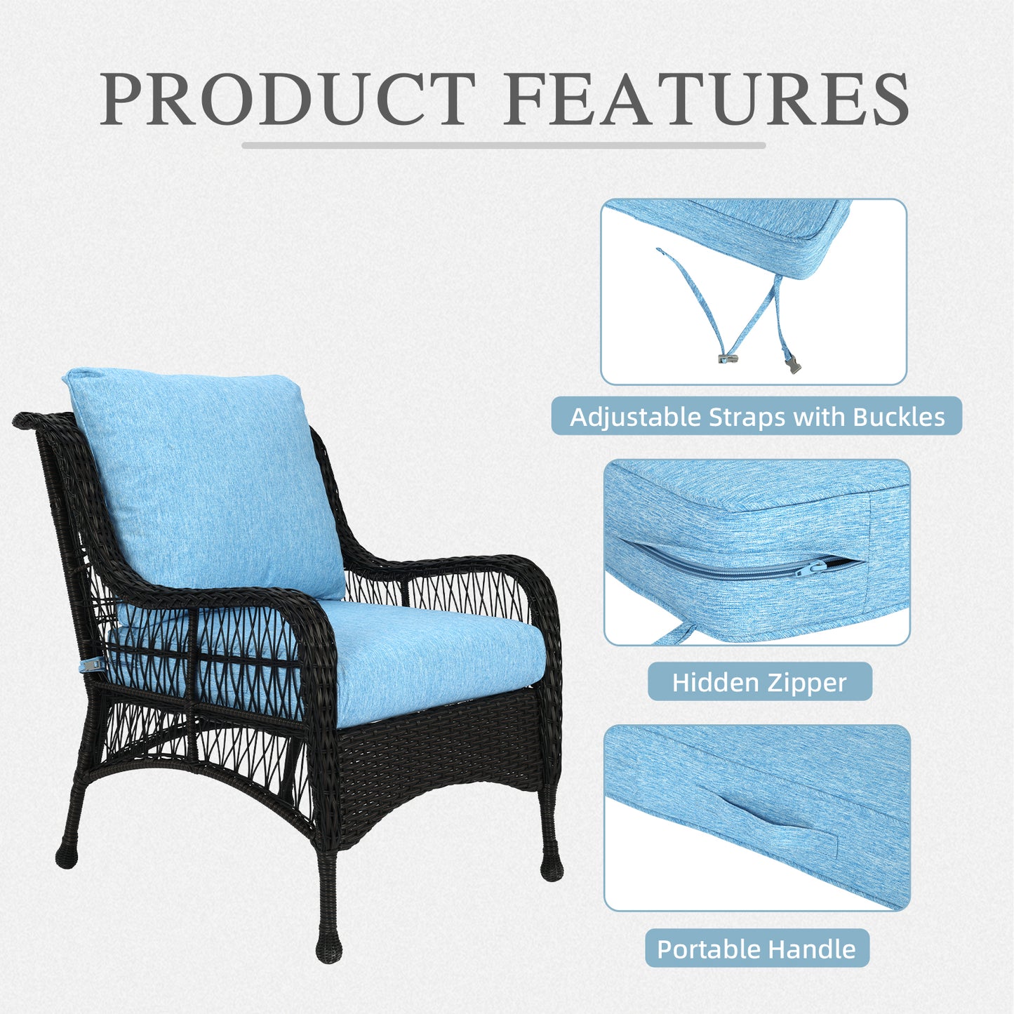 Outdoor Deep Seat Cushion Set, Waterproof Patio Chair Cushions, Lake Blue