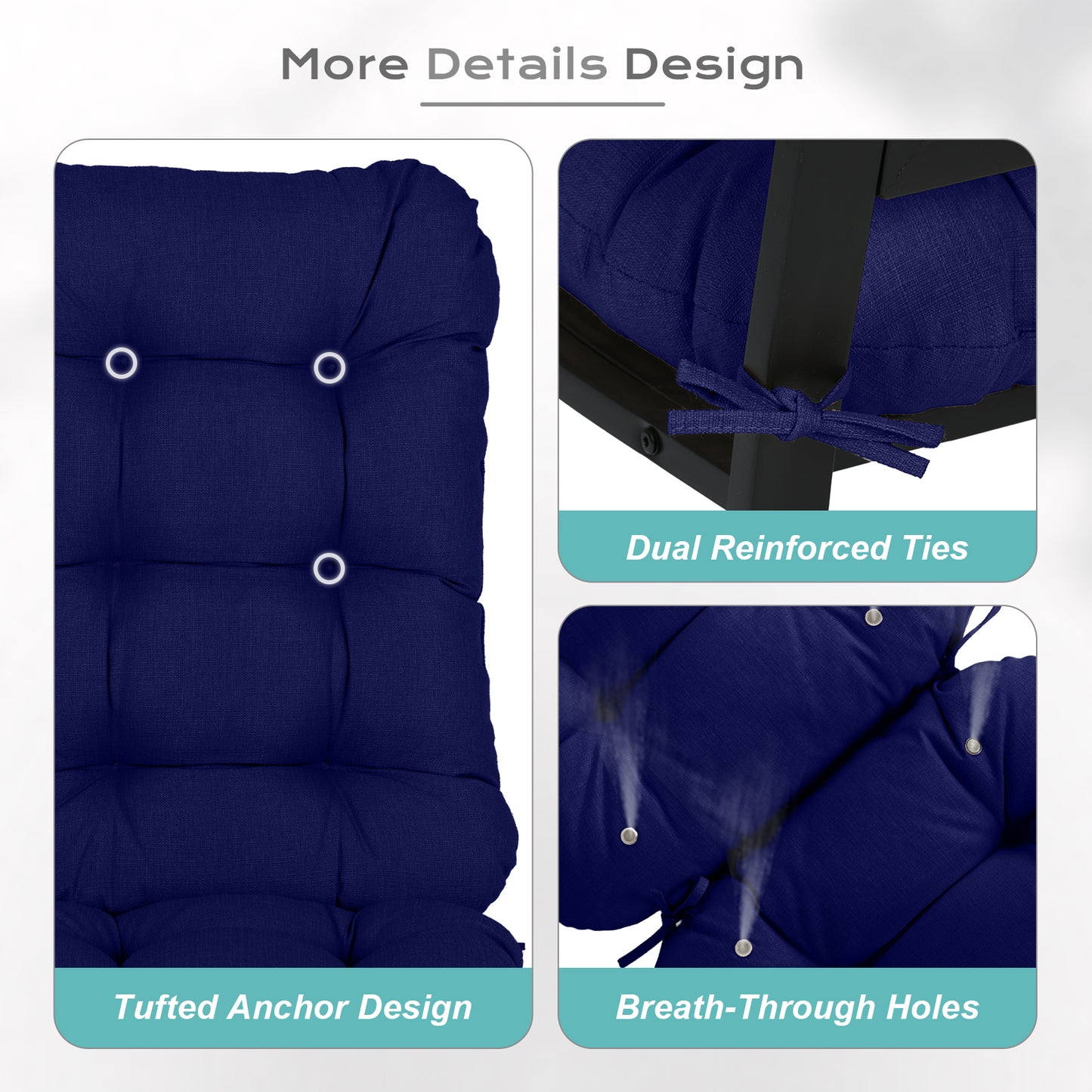 Outdoor High Back Tufted Adirondack Chair Cushion, Patio Rocking Chair Cushions with Ties, Set of 2, Dark Blue Aoodor 