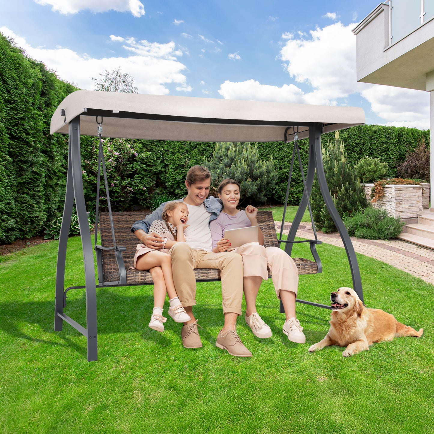 3-Seat Outdoor Rattan Patio Swing with Adjustable Canopy