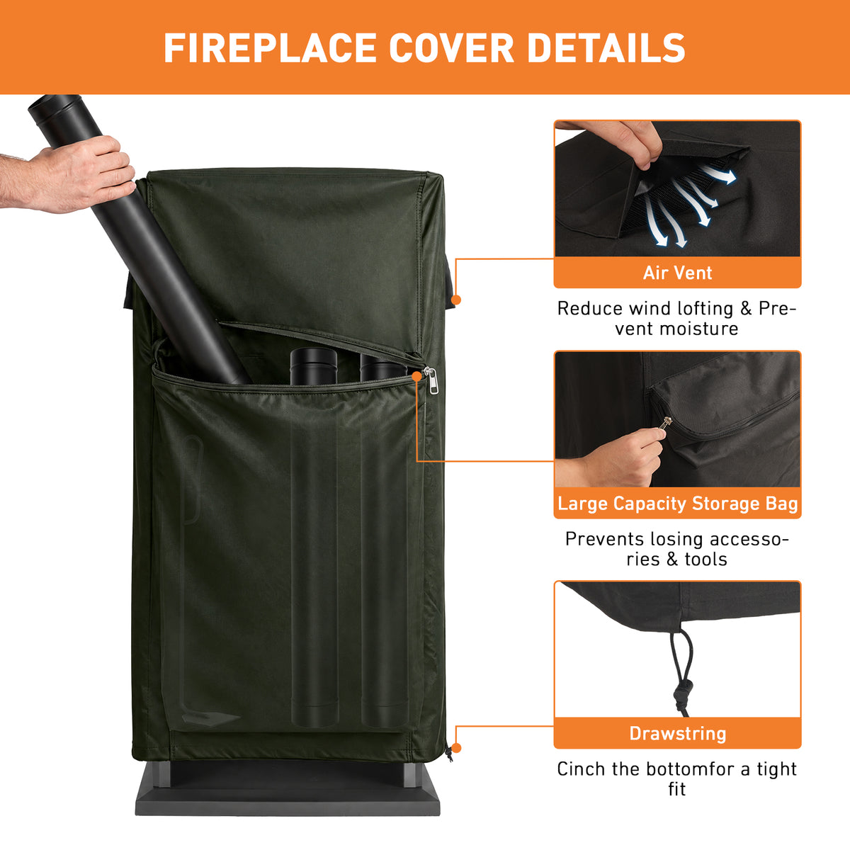 Outdoor fireplace cover with a chimney pipe storage pocket and close-ups of the air vent, zipper and bottom drawstring.