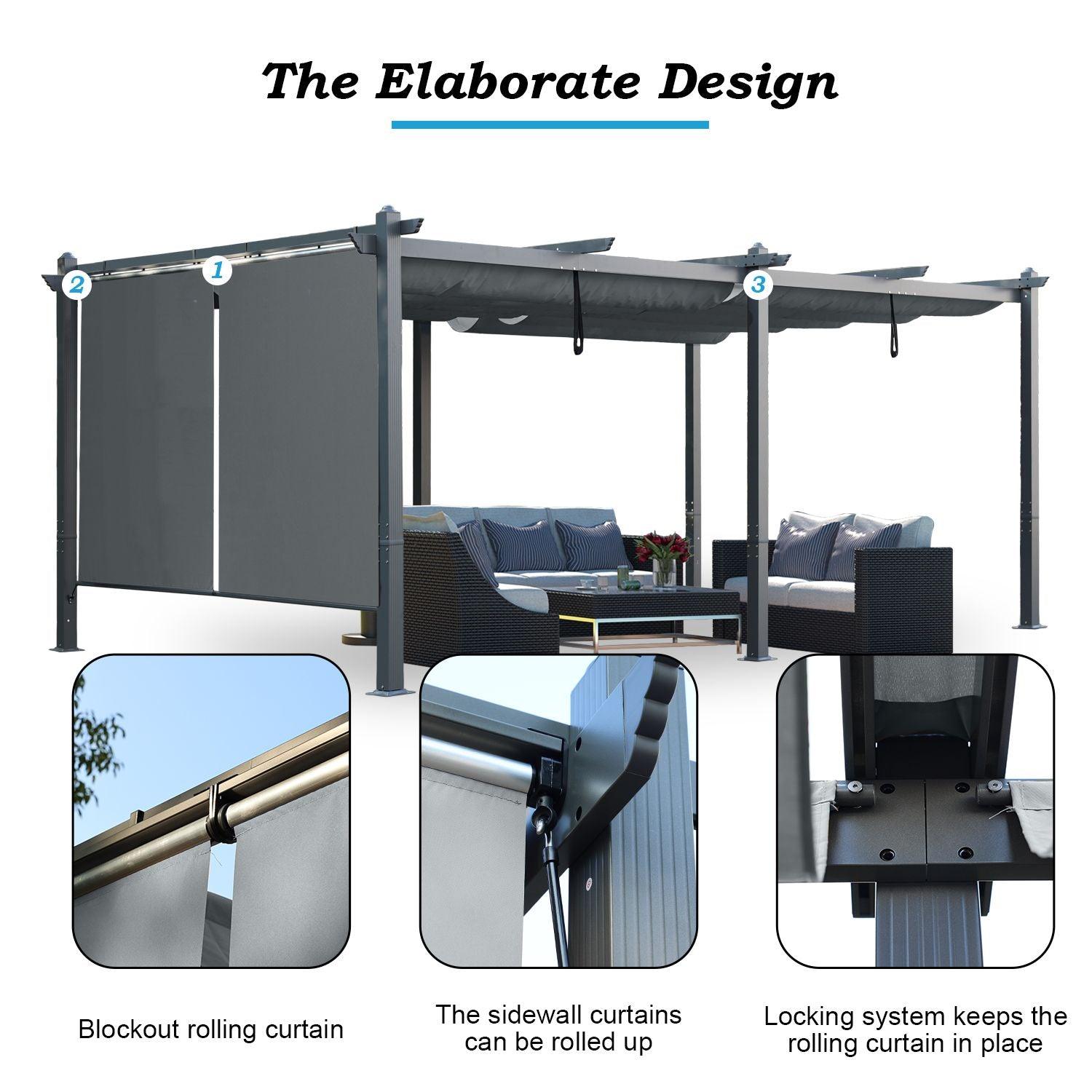 12 x 20 FT Outdoor Pergola with Retractable Shade Canopy, Aluminum Frame, Roller Shade Curtain- khaki/Charcoal Gray  Aoodor    