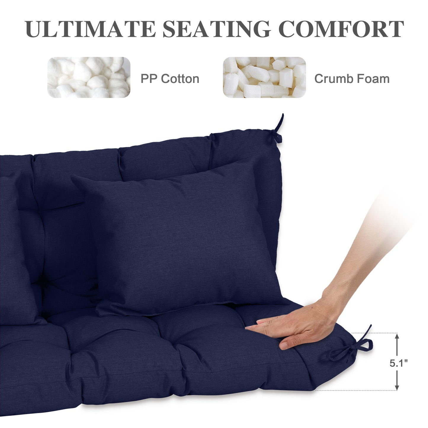59" Tufted Porch Swing Cushions, Extra 5.1" Thick Outdoor Swing Bench Replacement Cushion with Backrest and 2 Pillows - Dark Blue Aoodor 