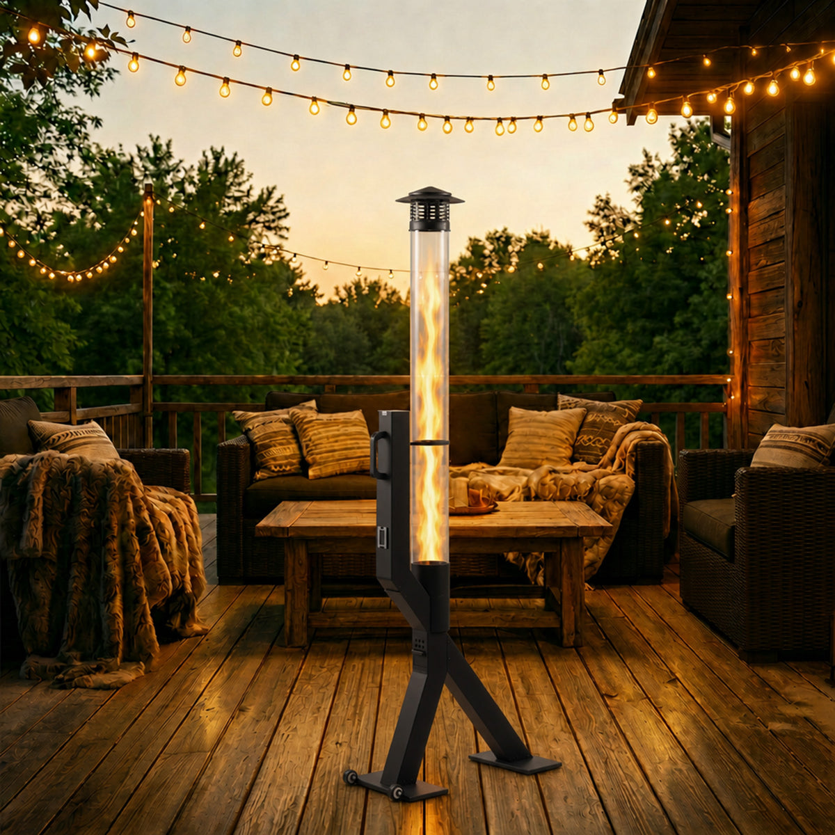 70 inch Wood Pellet Patio Heater, Wood Pellet Fire Tube Stove Portable Pellet Stove with Glass Column, Wheels, Rain Cap and Viewing Window for Porch, Backyard, Garden, and Camping