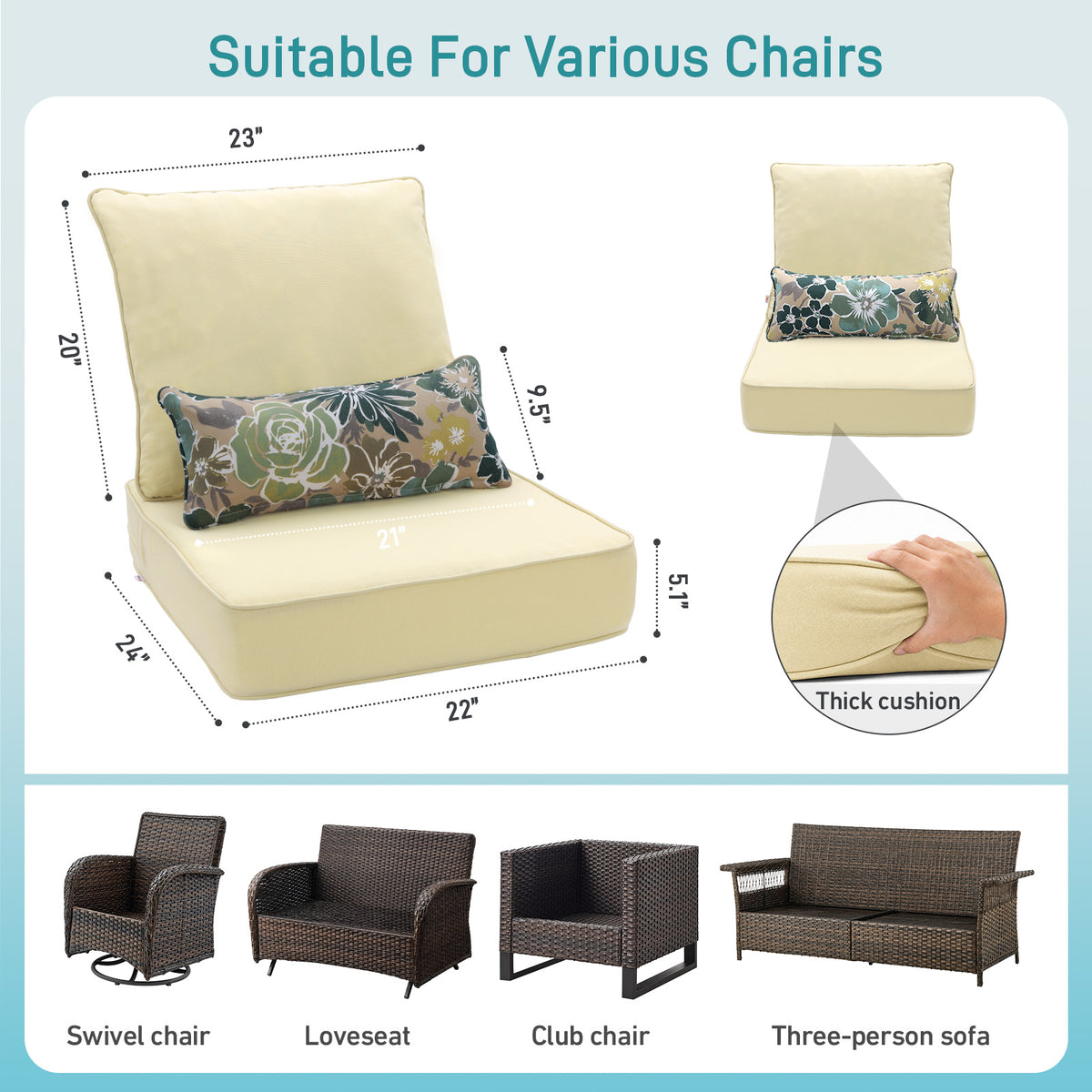 Outdoor Deep Seat Cushion Set with Lumbar Pillow, Patio Chair Back & Seat Cushions, Cream Yellow