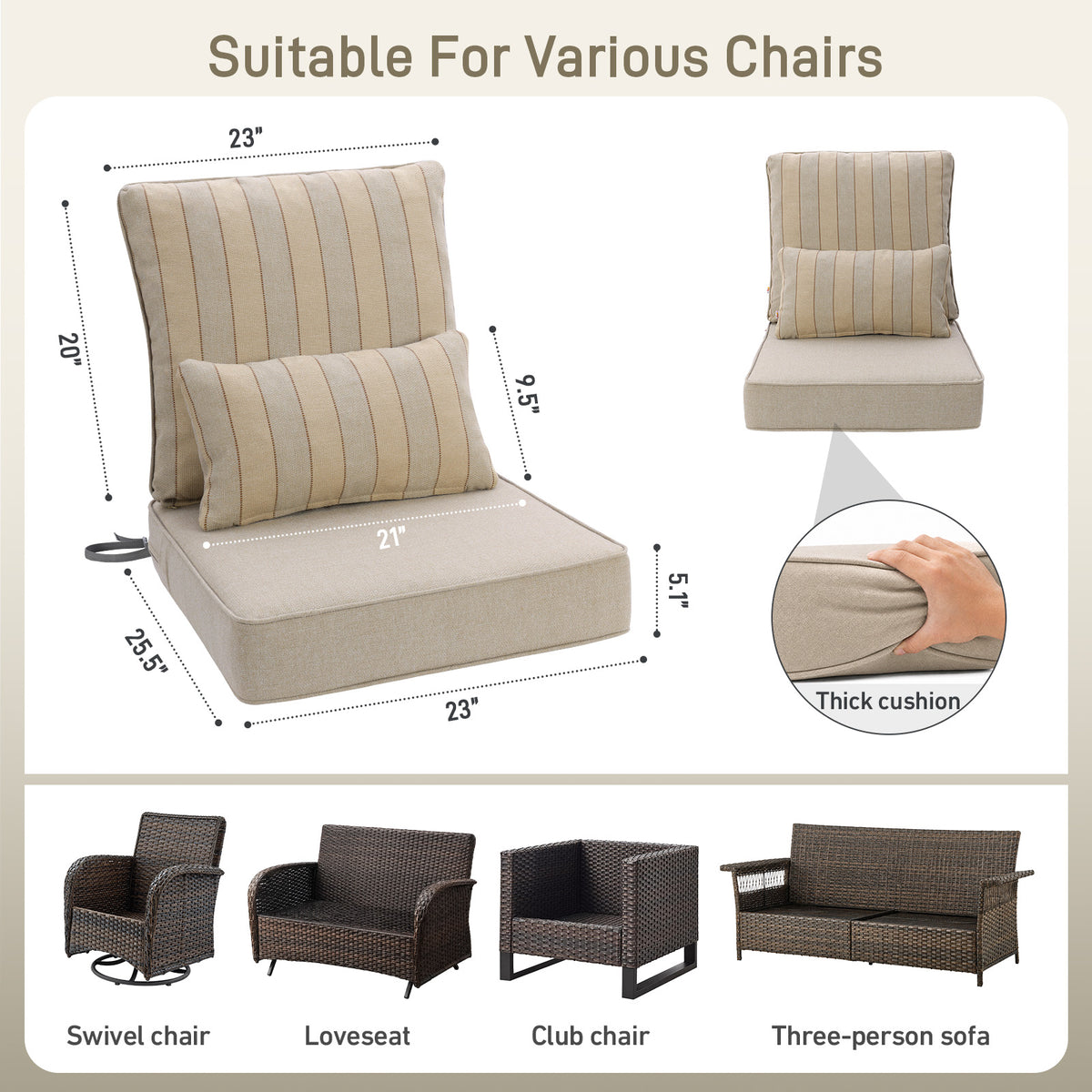 Outdoor Deep Seat Cushion Set with Lumbar Pillow, Patio Chair Back & Seat Cushions, Khaki Stripes