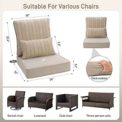 Outdoor Deep Seat Cushion Set with Lumbar Pillow, Patio Chair Back & Seat Cushions, Khaki Stripes