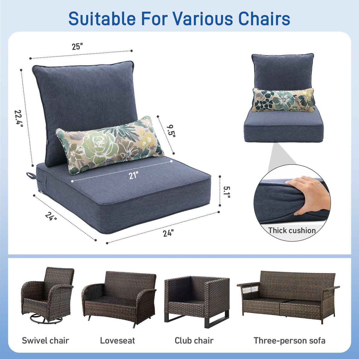 Outdoor Deep Seat Cushion Set with Lumbar Pillow, Patio Chair Back & Seat Cushions, Navy Blue