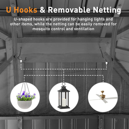 10'x12' Outdoor Patio Wooden Frame Gazebo with 2-Tier Galvanized Metal Hardtop Roof and Charging Socket