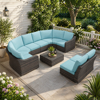 10 Piece Half Moon Wicker Outdoor Sectional Set with Turquoise Cushions - Backyard Retreat
