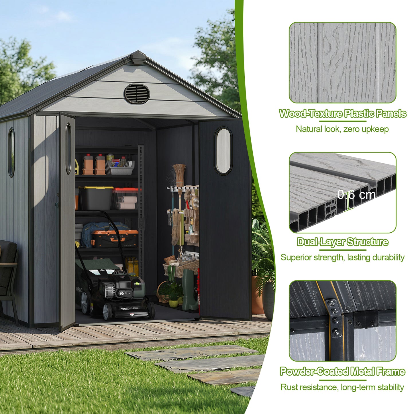 Outdoor Resin Storage Shed with Windows, Mesh Vents and Lockable Door
