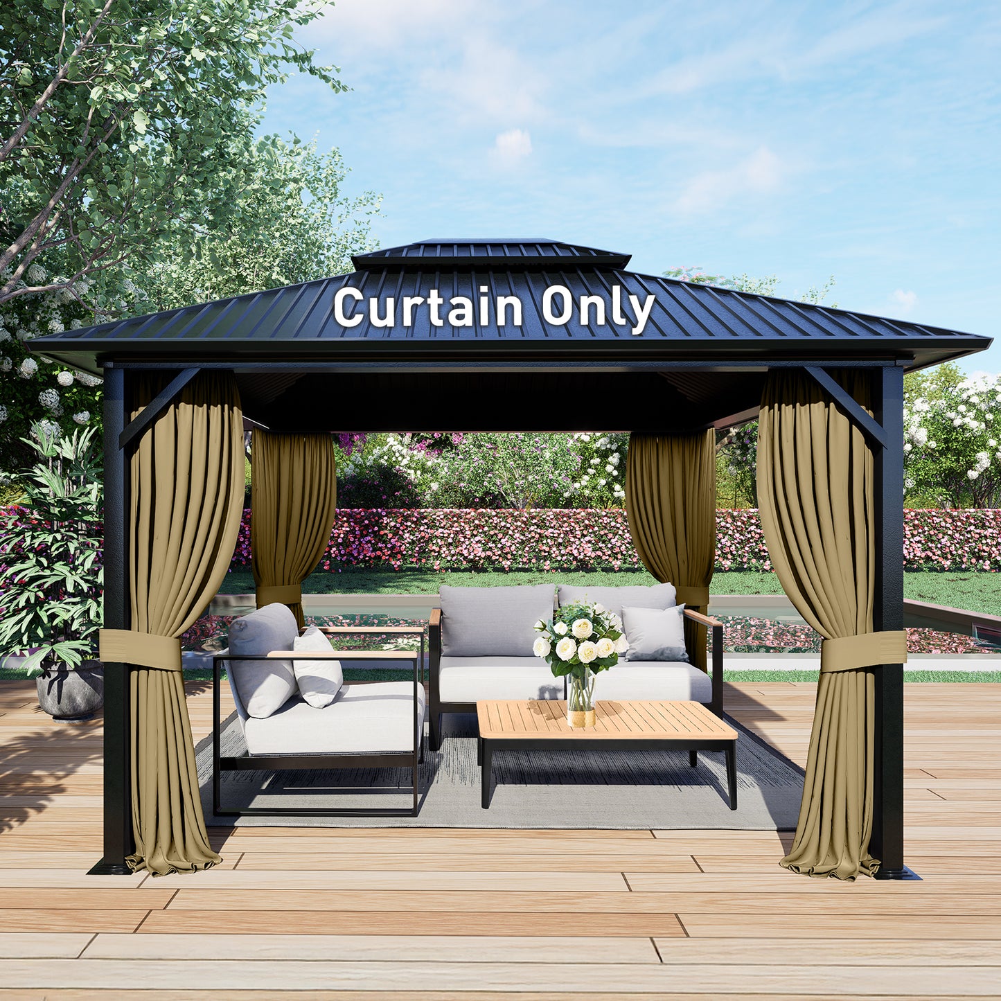 Outdoor Gazebo Curtains, 4 Panels Privacy Sidewall Replacement (Curtain Only) - Khaki