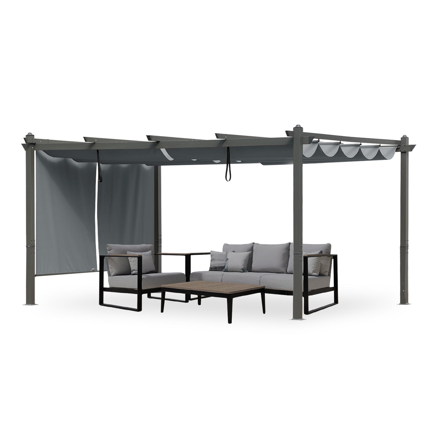 14x12 ft. Outdoor Pergola with Retractable Shade Canopy, Aluminum Frame, Roller Shade Curtain