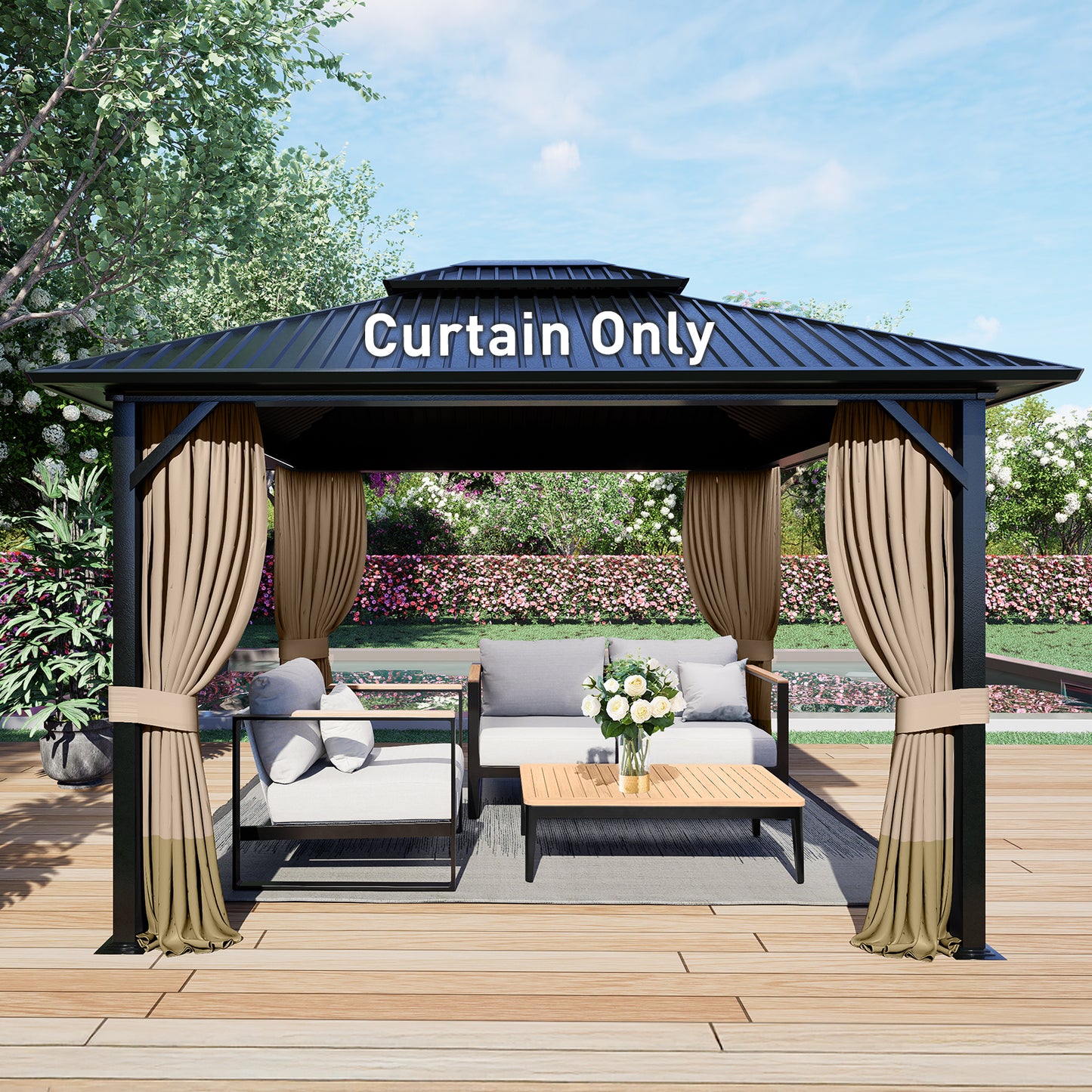 Outdoor Gazebo Curtains, 4 Panels Privacy Sidewall Replacement (Curtain Only) - Sand Yellow and Khaki