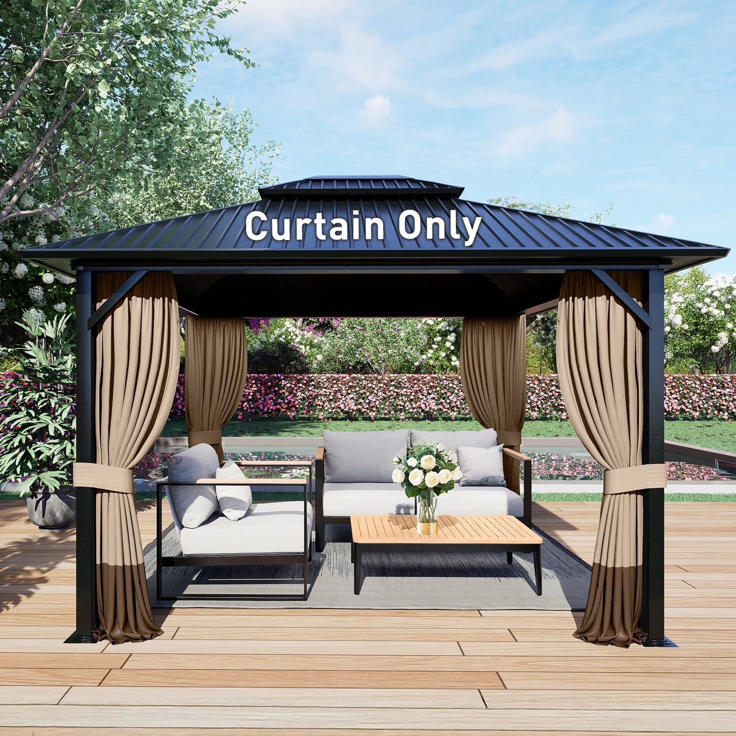 Outdoor Gazebo Curtains, 4 Panels Privacy Sidewall Replacement (Curtain Only) - Sand Yellow and Brown