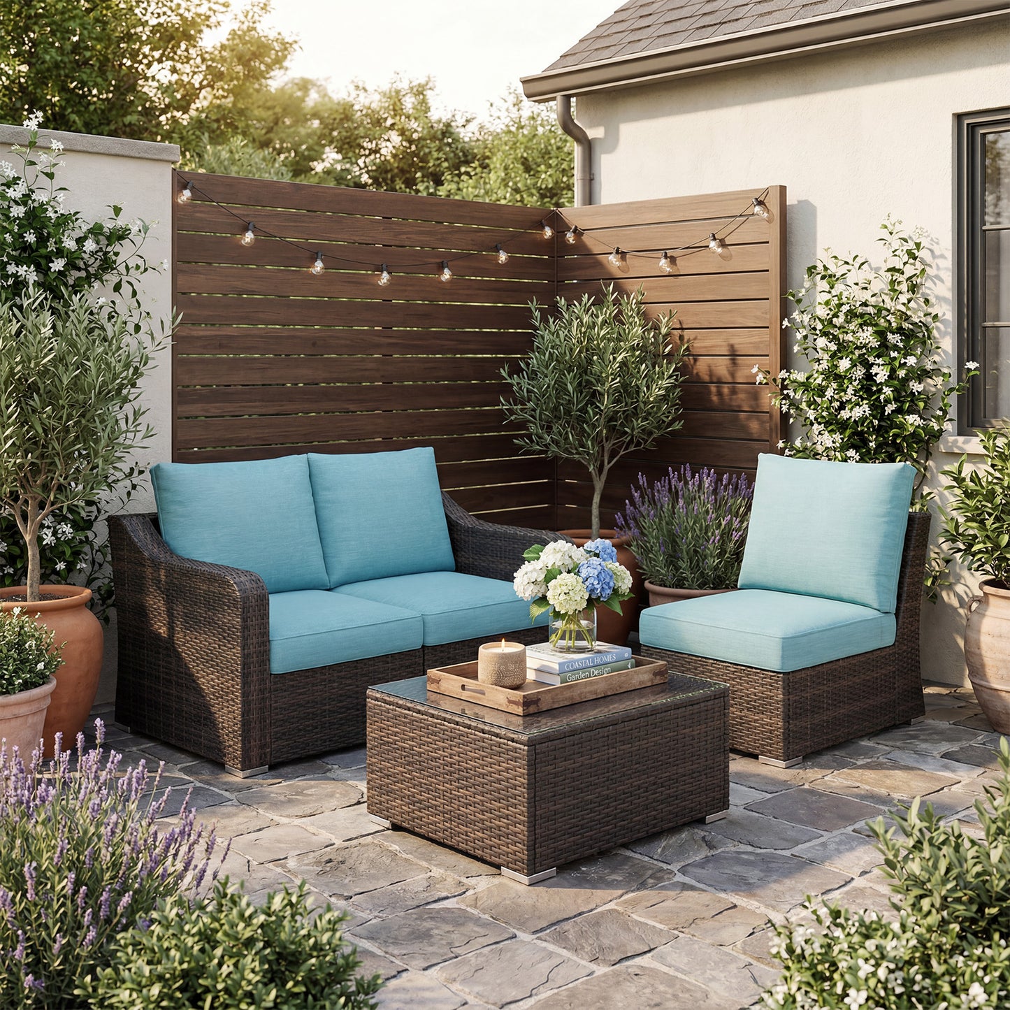 3-Piece Patio Furniture Set, Wicker Outdoor Sectional Sofa Set with Turquoise Cushions