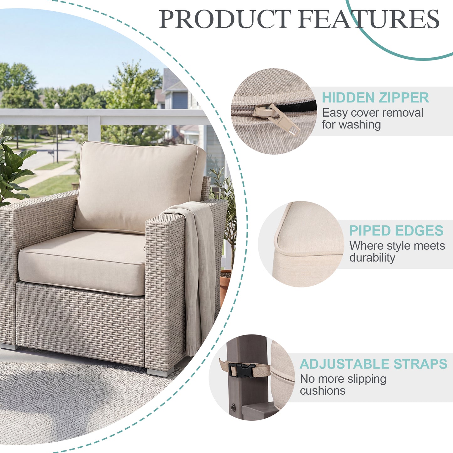 Premium Sunbrella Fabric Outdoor Patio Chair Cushions Set, Canvas Flax