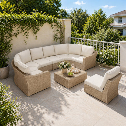 Durable Luxury  9 Piece Half Moon Wicker Outdoor Sectional Set with with Beige Cushions
