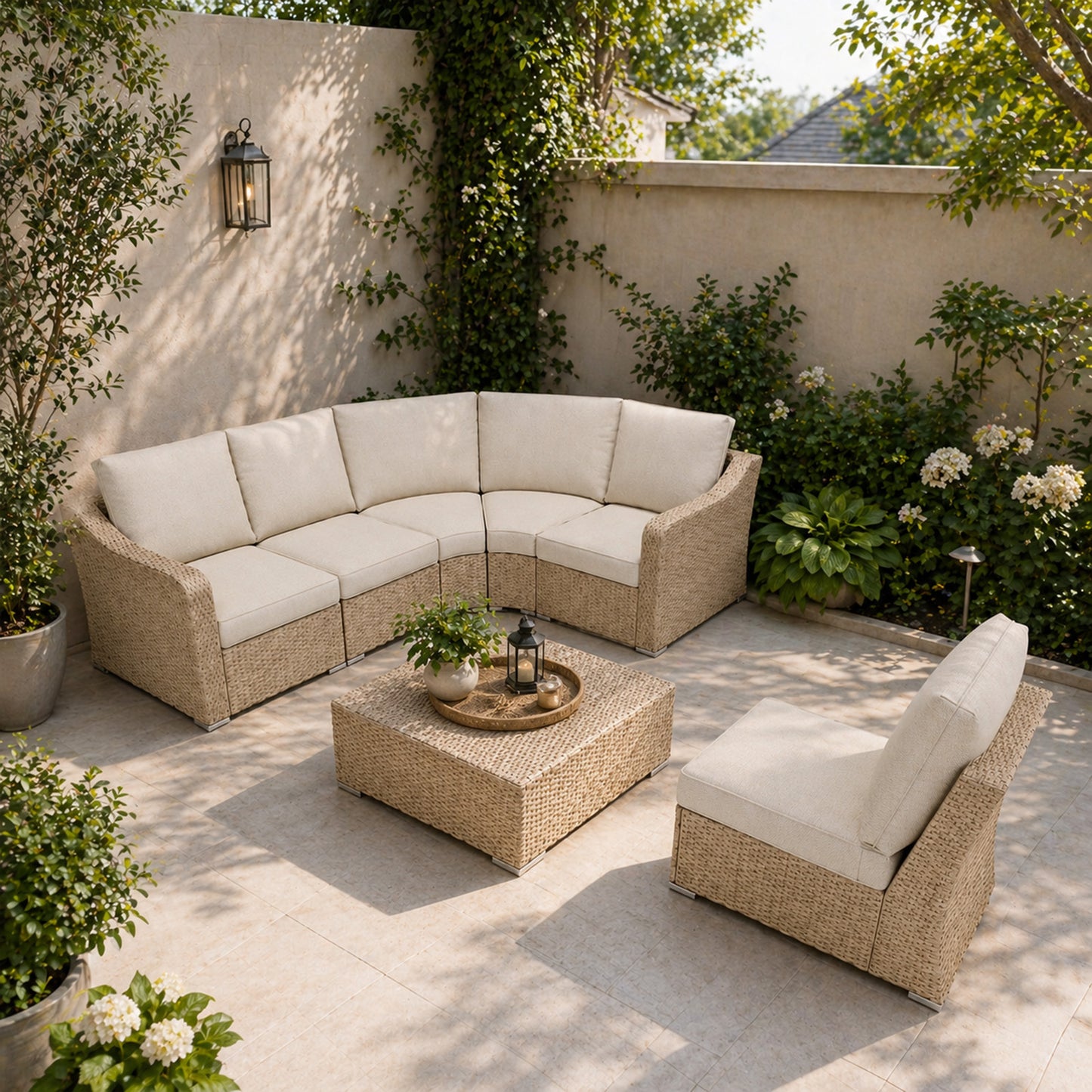 6 Piece L-shaped Patio Furniture Set with Beige Cushions  – Resort Style