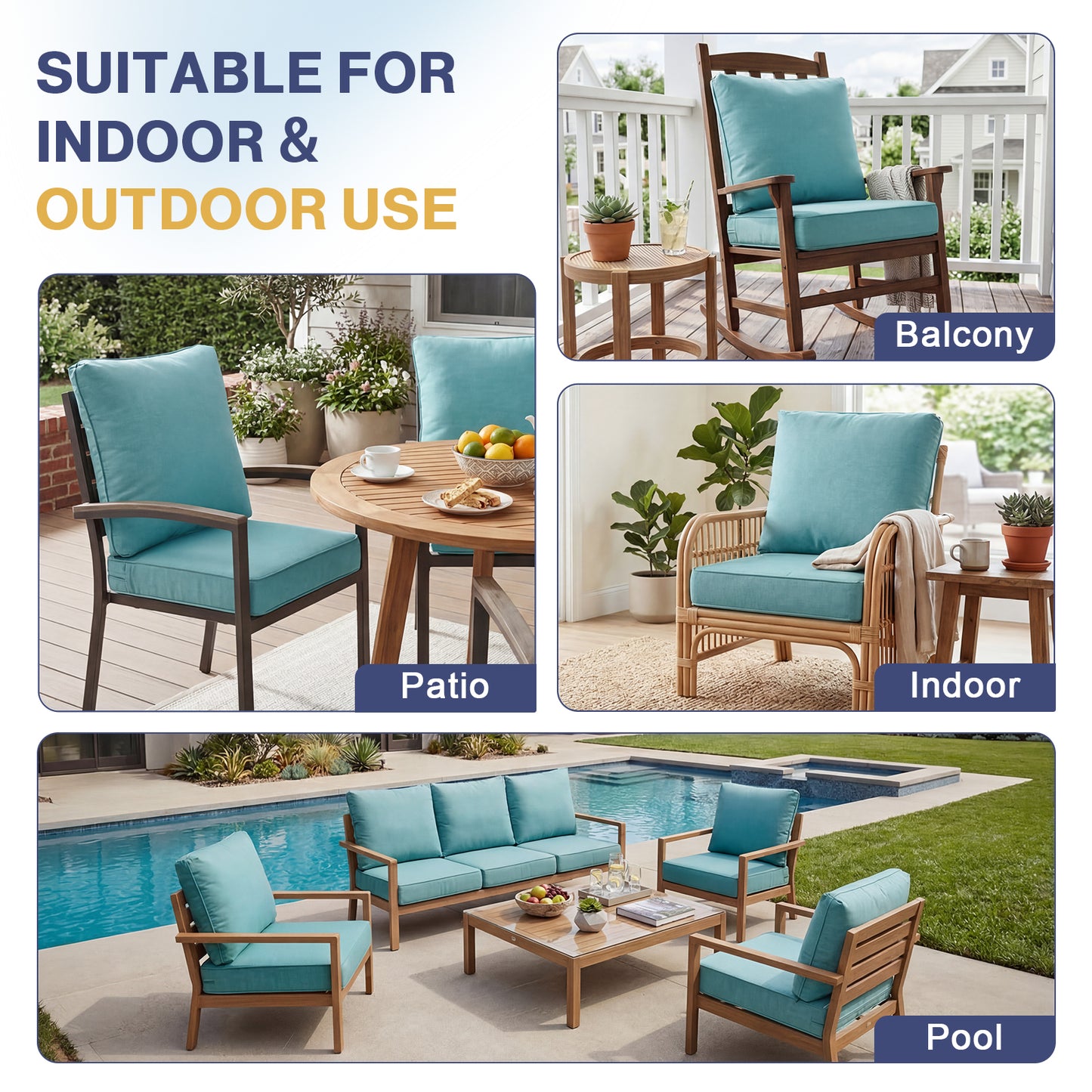 Outdoor Deep Seat Cushion Set, Patio Chair Back & Seat Cushions, Caribbean Turquoise