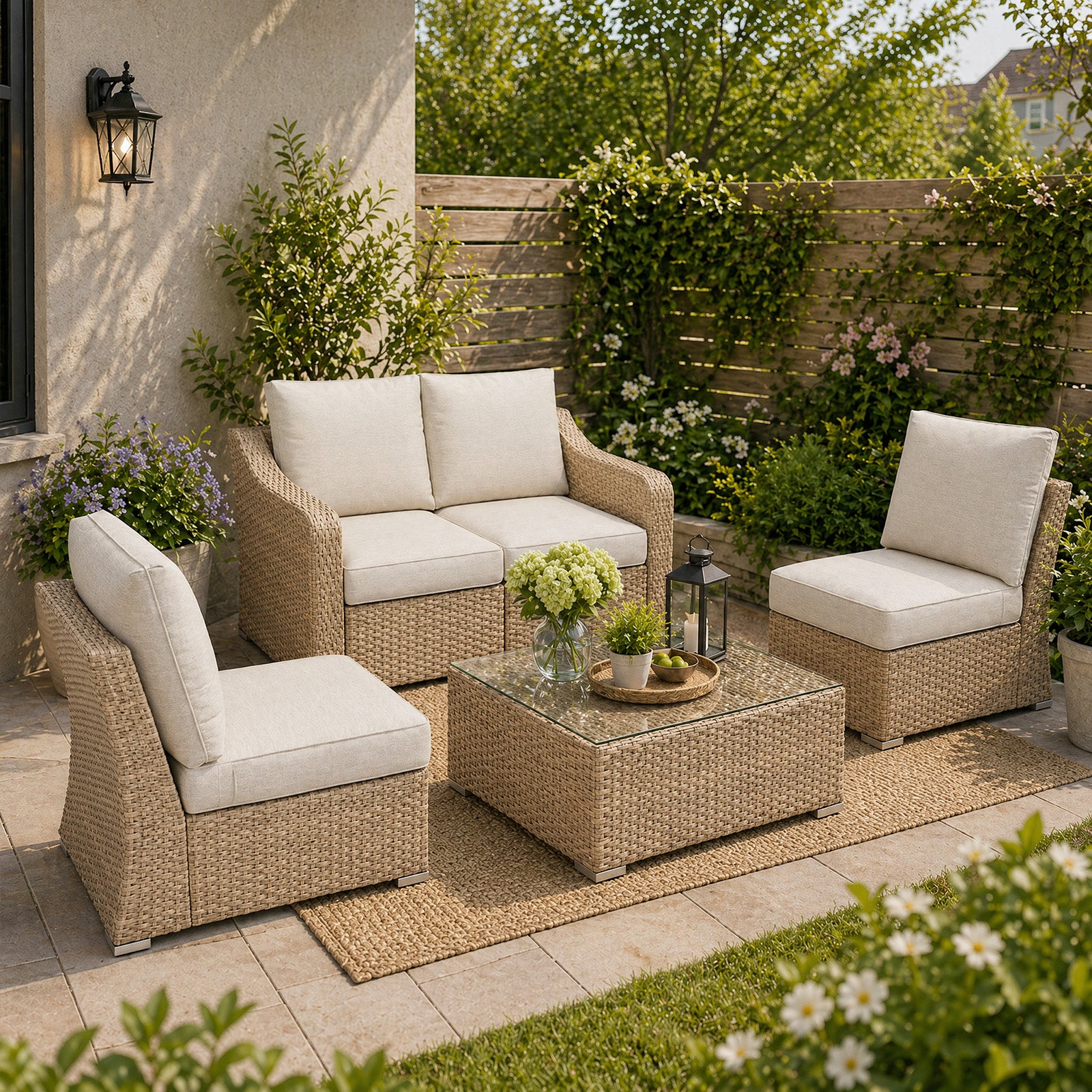 Aoodor 4-Piece Outdoor Furniture Set, Modular Sectional Wicker Couch with Cushions, for Balcony, Backyard, Porch, Small Patio