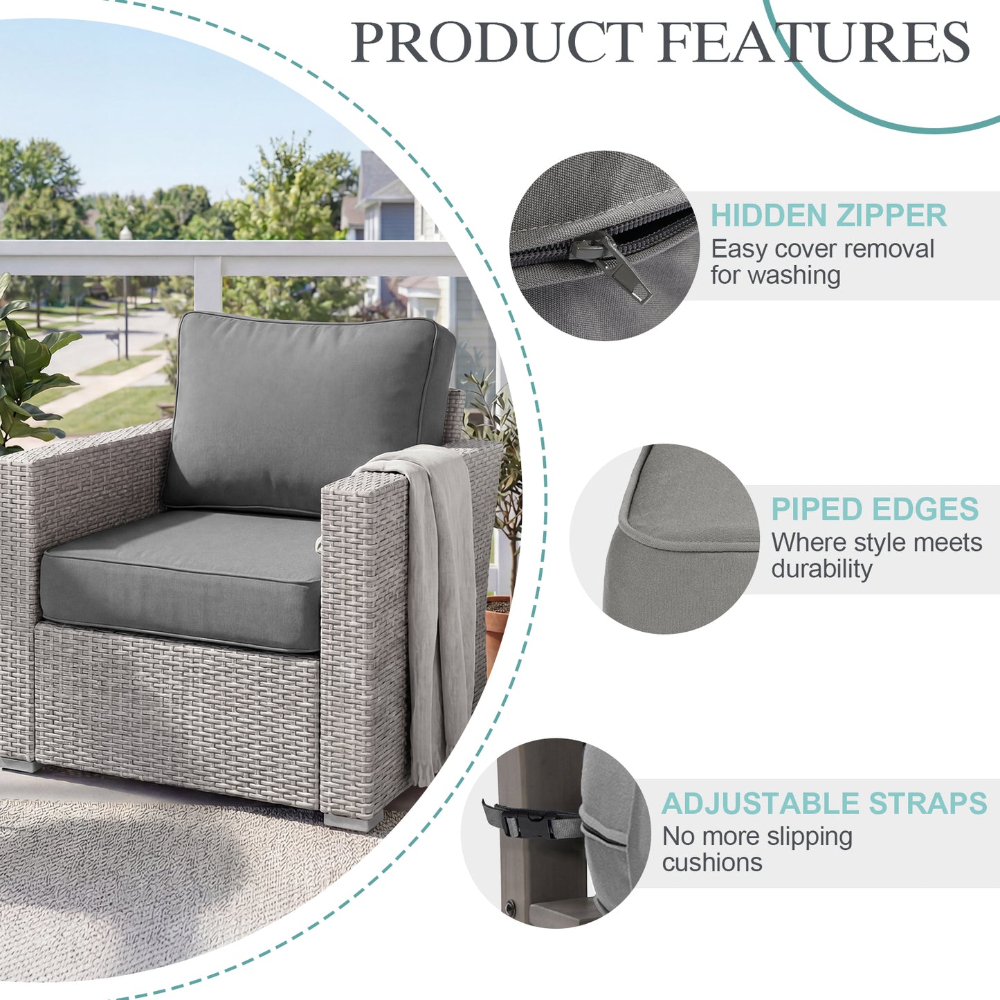 Premium Sunbrella Fabric Outdoor Patio Chair Cushions Set, Canvas Charcoal