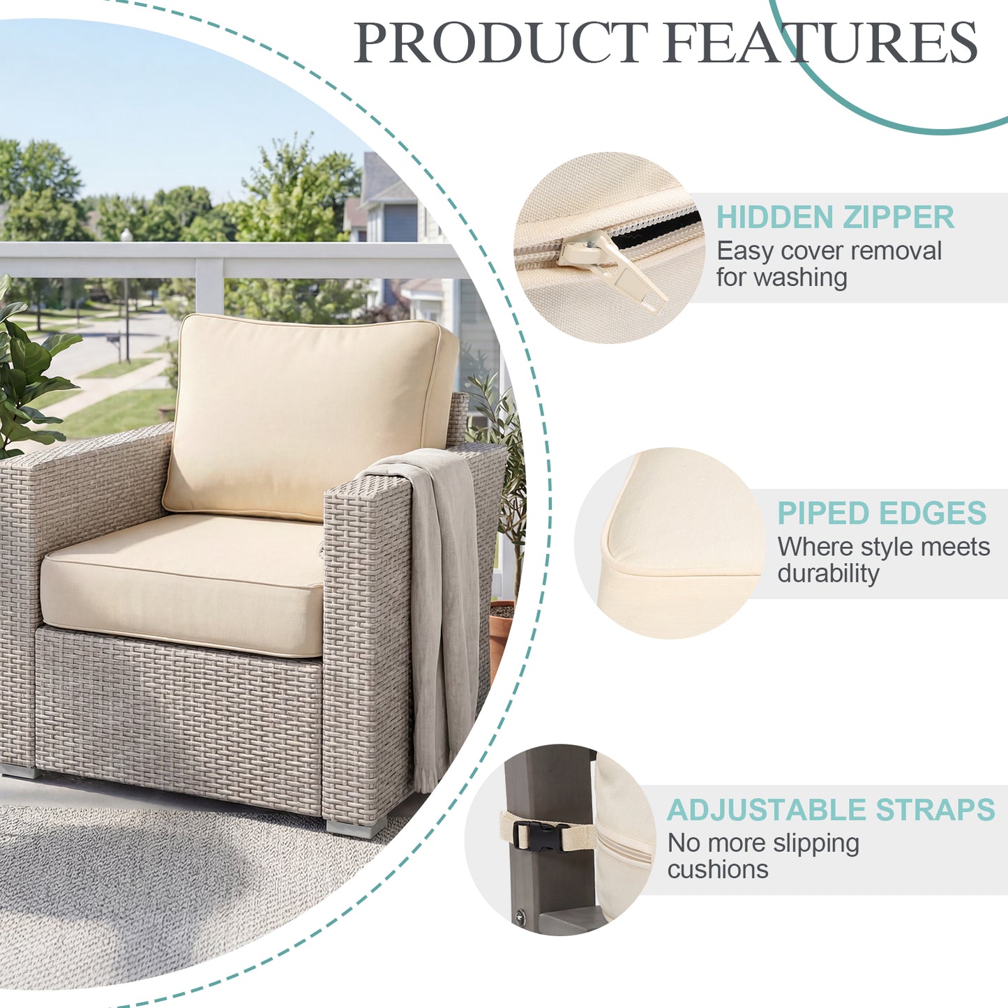Premium Sunbrella Fabric Outdoor Patio Chair Cushions Set, Canvas Vellum