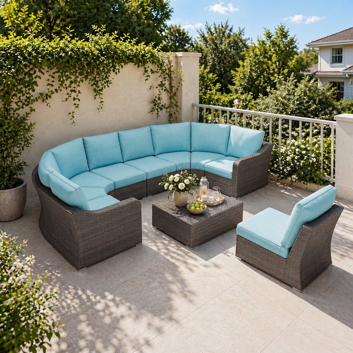 Versatile 9 Piece Half Moon Wicker Outdoor Sectional Set with Turquoise Cushions