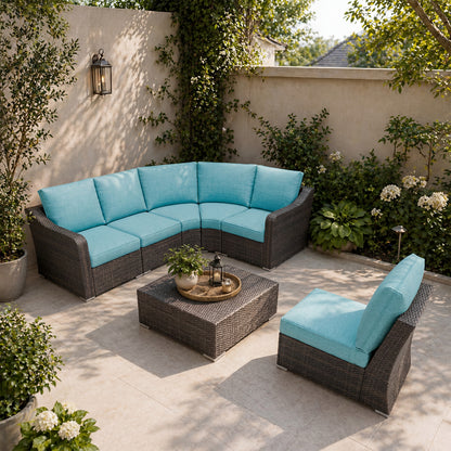 6 Piece L-shaped Patio Furniture Set with Turquoise Cushions - Modular Patio Seating