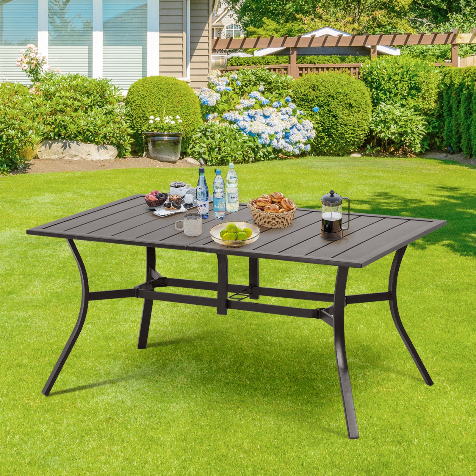6 table patio umbrella Aoodor Patio Dining Table for 6 People, 59"L x 38"W Rectangular Metal Outdoor Dining Table with Adjustable Umbrella Hole
