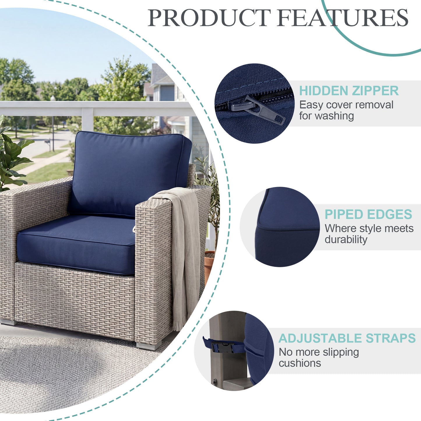 Premium Sunbrella Fabric Outdoor Patio Chair Cushions Set, Canvas Navy