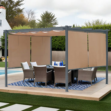12x12 ft. Outdoor Pergola with Retractable Shade Canopy, Aluminum Frame, 4 Pieces Roller Shade Curtain