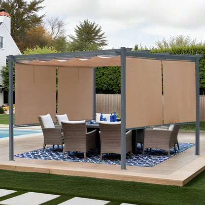 12x12 ft. Outdoor Pergola with Retractable Shade Canopy, Aluminum Frame, 4 Pieces Roller Shade Curtain