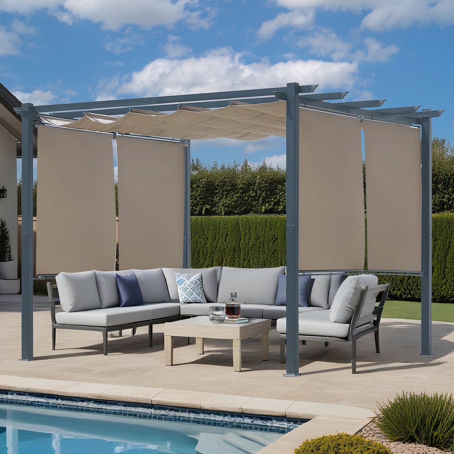 10x10 ft. Outdoor Pergola with Shade Canopy, Aluminum Frame, Roller Shade Curtain - Aoodor 