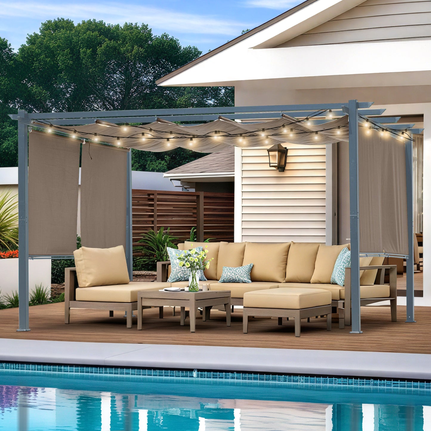 13x10 ft. Outdoor Pergola with Retractable Shade Canopy, Aluminum Frame, Roller Shade Curtain