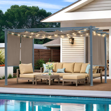 13x10 ft. Outdoor Pergola with Retractable Shade Canopy, Aluminum Frame, Roller Shade Curtain