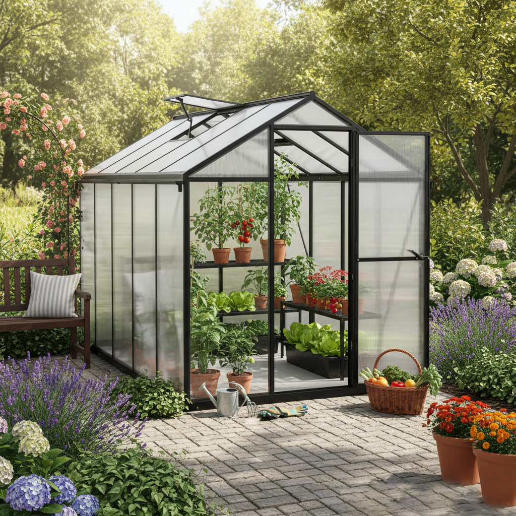 6x8/6x10 ft. Walk-in Polycarbonate Greenhouse with Roof Vent and Door lock