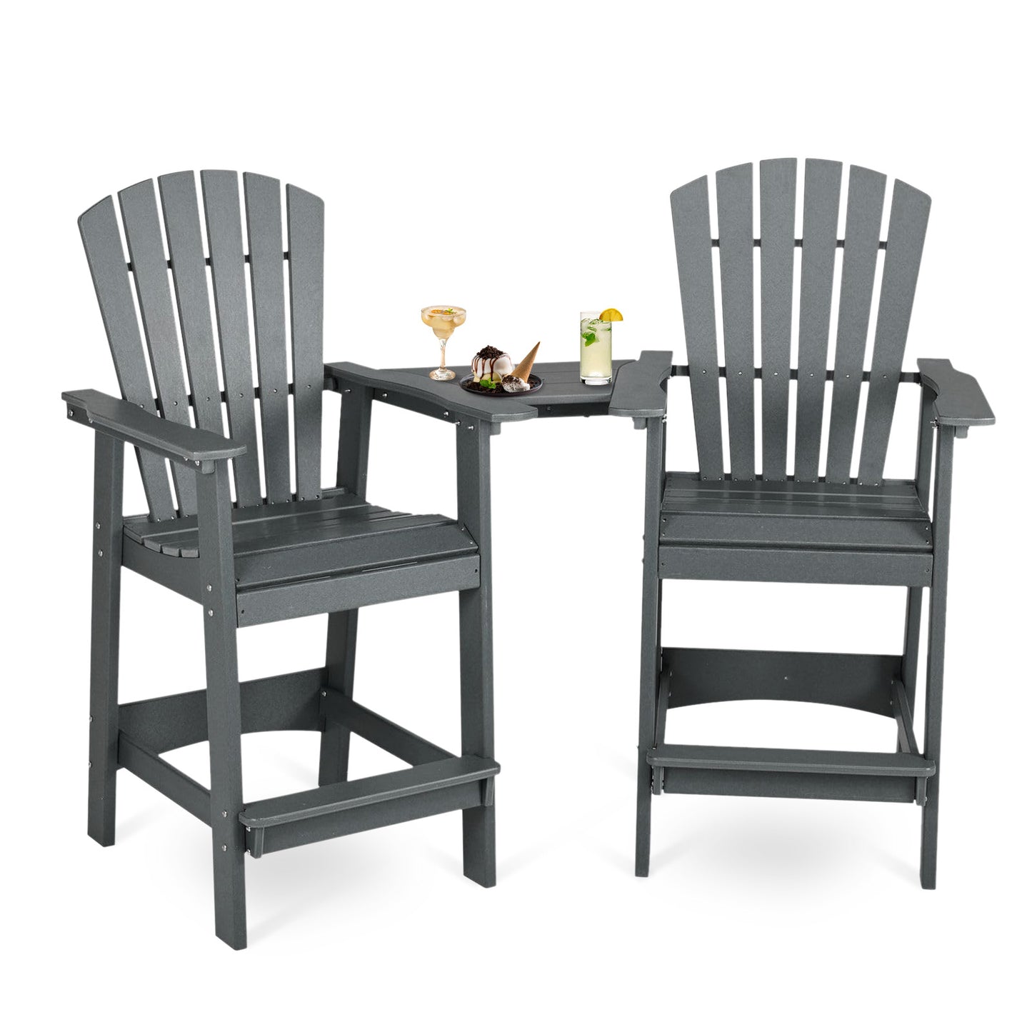 Tall Adirondack Chairs Set of 2,HDPE Patio Bar Stool with Connecting Tray