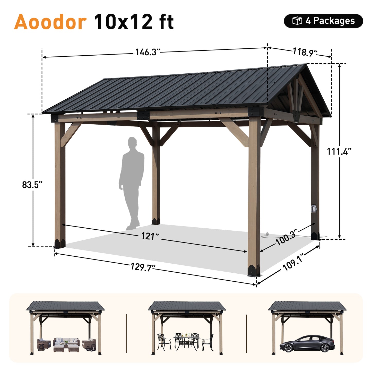 10'x12' Outdoor Patio Wooden Frame Gazebo with Galvanized Metal Hardtop Roof and Outlets
